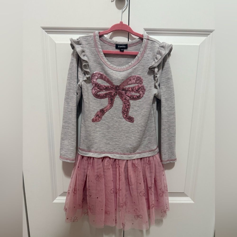Zunie Girls 5T Gray and Pink Dress with Sequin Bow